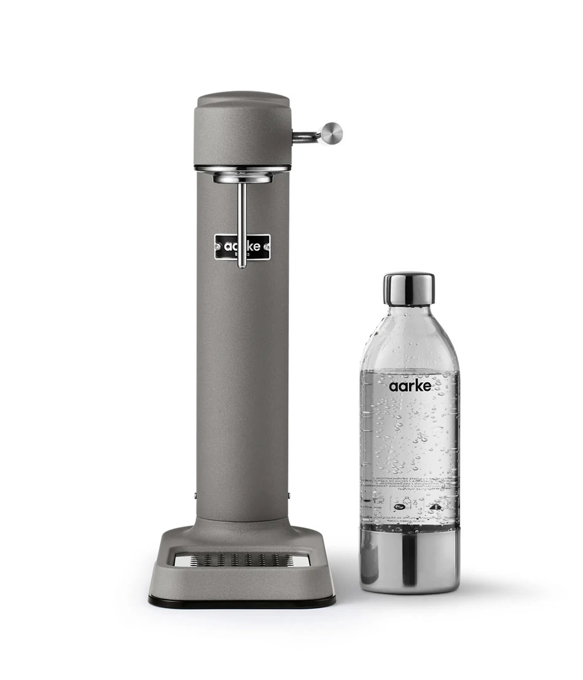 Aarke Carbonator 3 Matte Grey premium water carbonator with 1L PET bottle in Kuwait - ماكينة آر كي كاربونيتر 3 الرمادية الفاخرة لتحضير الصودا، البديل الصحي والأنيق للمشروبات الغازية في الكويت - Professional sparkling water maker for modern Kuwaiti kitchens.