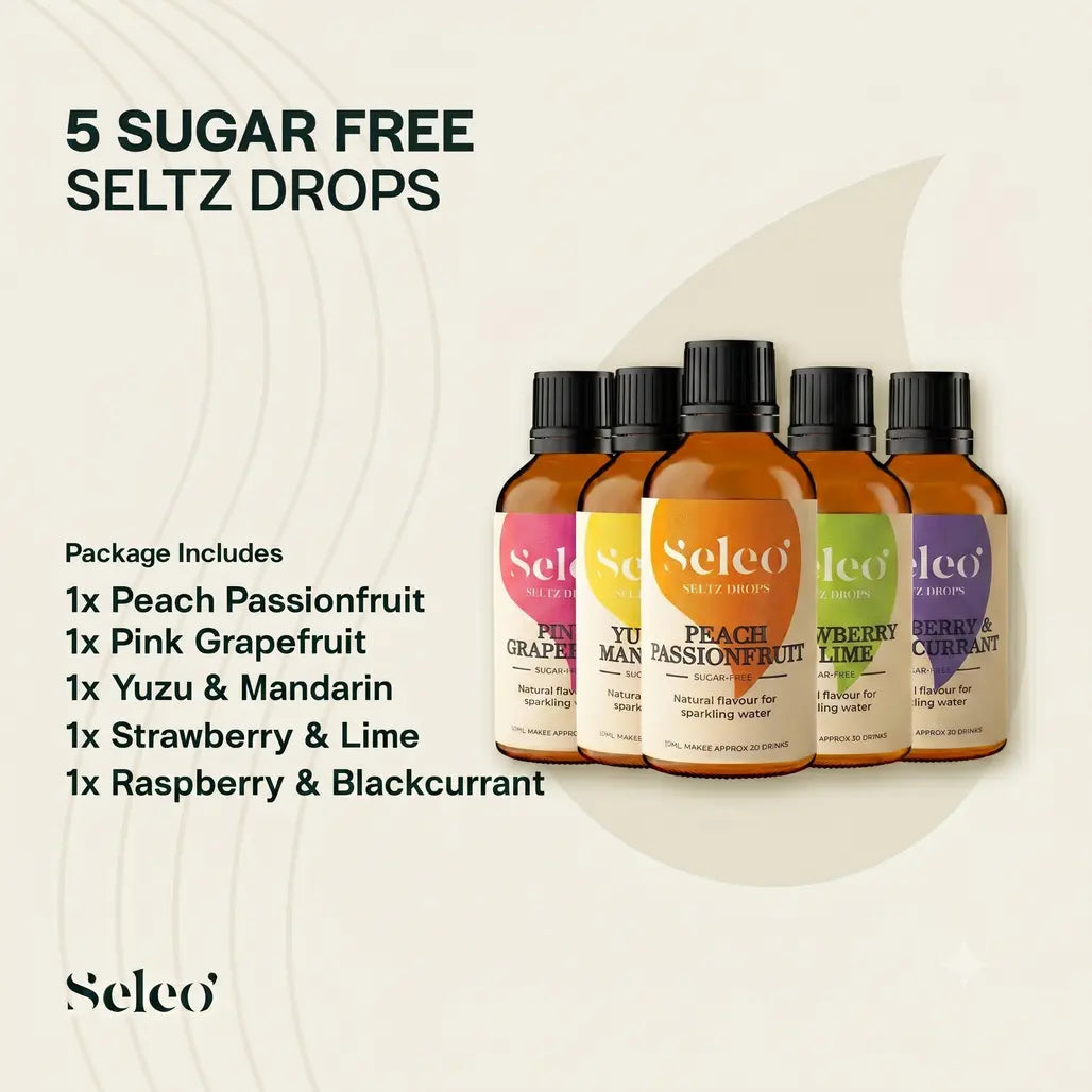 Seleo 5 Sugar Free Seltz Drops premium natural flavor water enhancers in Kuwait - باقة قطرات نكهات سيلو الخالية من السكر (5 نكهات دايت) لتحضير مياه فوارة صحية ومنعشة في الكويت، خيار الكيتو والنخبة المثالي - Zero calorie hydration for chalet and home gatherings