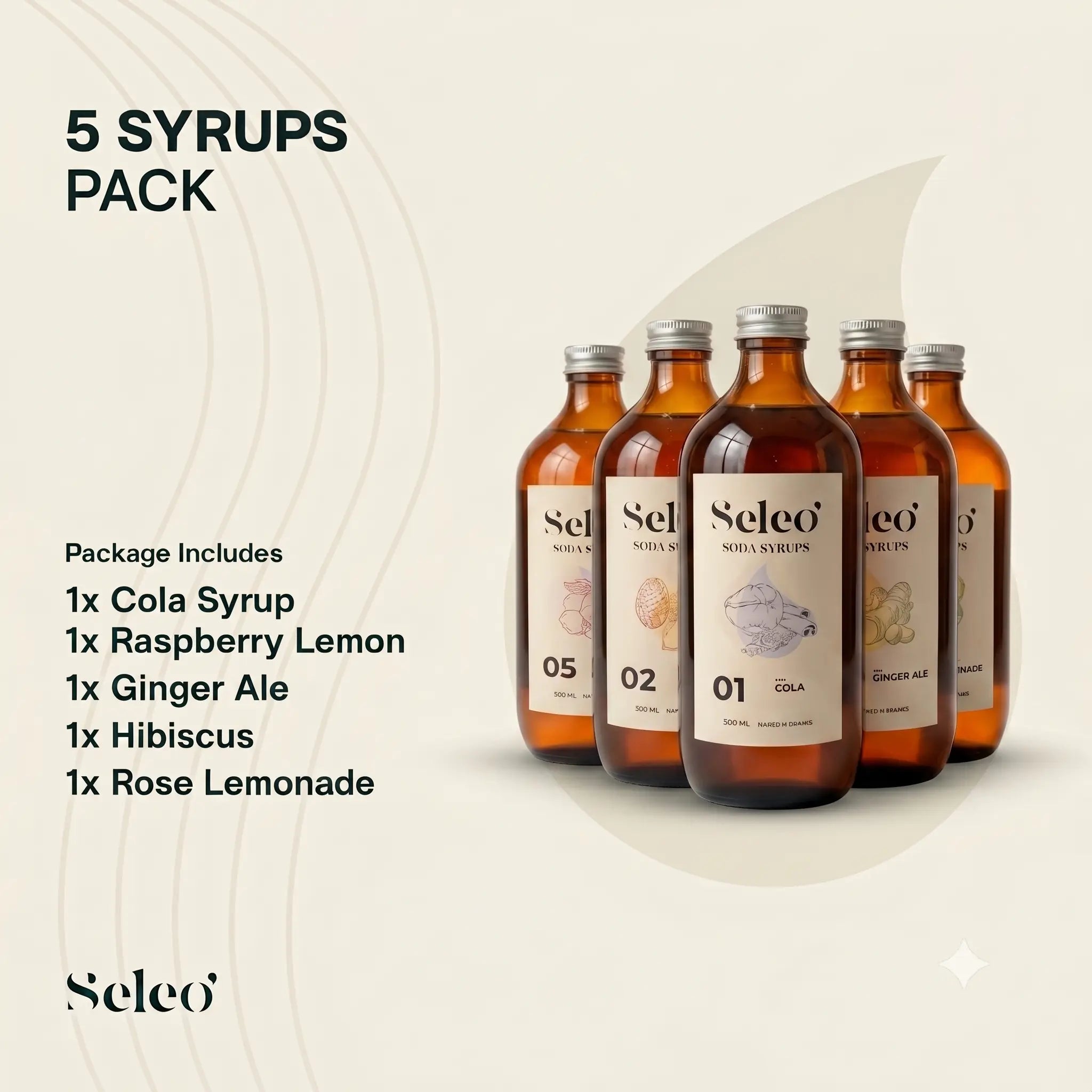 Seleo 5 Syrups Pack premium mojito and soda mixers bundle in Kuwait - باقة نكهات سيلو المركزية (5 نكهات) لتحضير الموهيتو والصودا المنعشة في الكويت، تشمل الكركديه والتوت والكولا الفاخرة - Perfect for summer gatherings and chalet refreshments