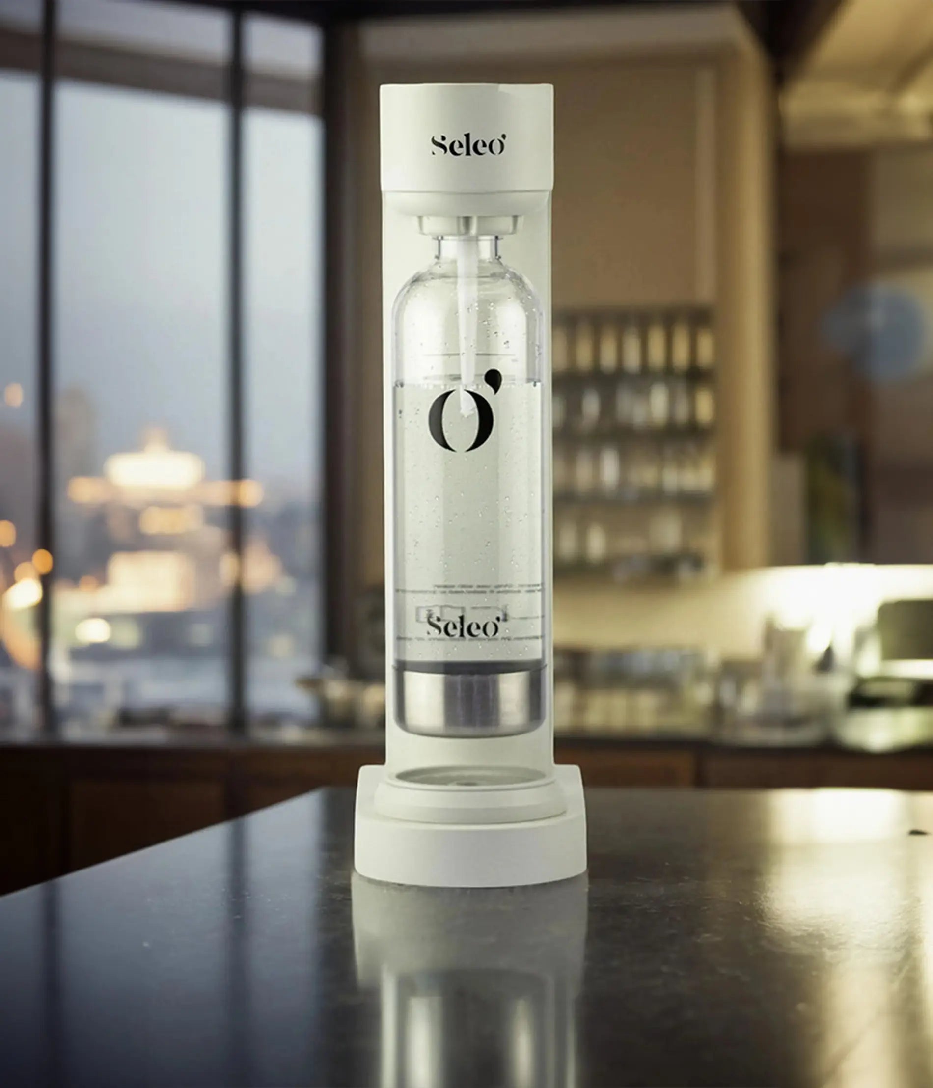 Seleo Lumi premium white soda maker in a luxury kitchen setting - ماكينة سيلو لومي المنزلية لصنع الصودا والمياه الغازية بتصميم عصري فاخر في الكويت - The best sparkling water machine for home.