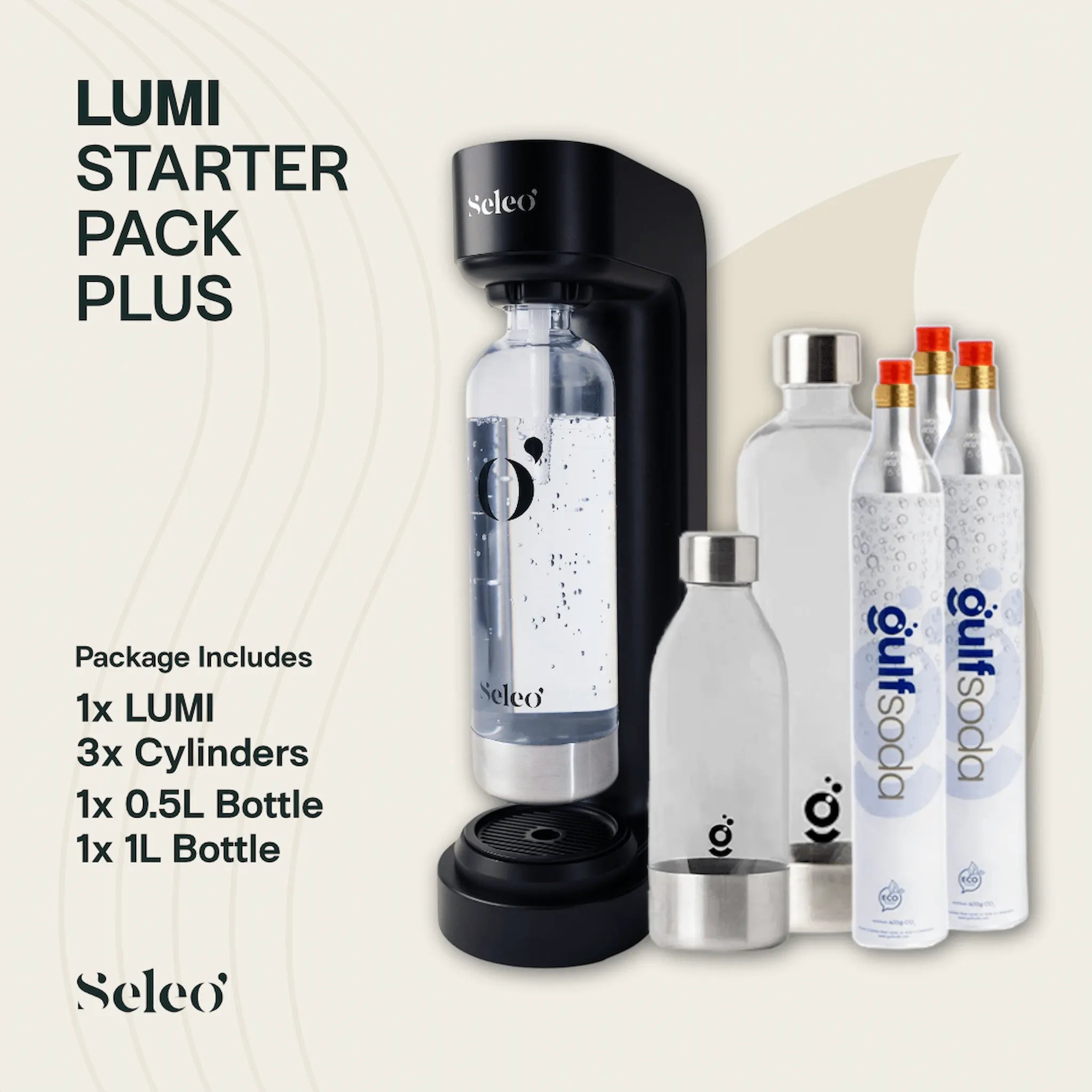 Seleo Lumi Starter Pack Plus in Matte Black, the ultimate home soda maker bundle with 3 CO2 cylinders and multi-size PET bottles for best savings in Kuwait. باقة سيلو لومي بلس المتكاملة باللون الأسود المطفأ: تشمل 3 أسطوانات غاز وزجاجات متعددة الأحجام، العرض الأكثر توفيراً لصنع الصودا في الكويت.