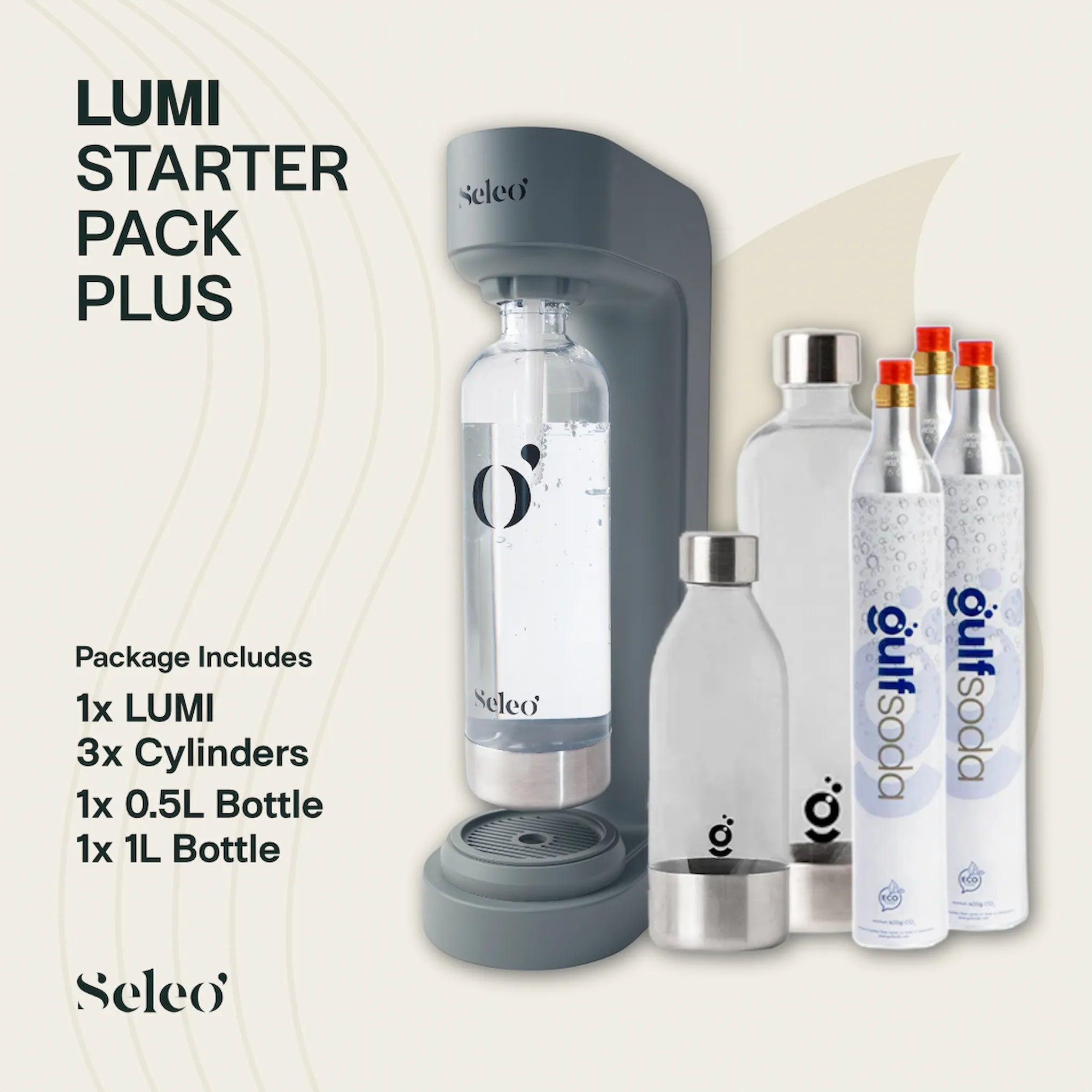 Seleo Lumi Starter Pack Plus in Charcoal Grey, complete home soda maker bundle with 3 CO2 cylinders and multi-size PET bottles, best price in Kuwait.
باقة سيلو لومي بلس (Seleo Lumi Plus) باللون الرمادي الفاخر: عرض متكامل يشمل جهاز صنع الصودا، 3 أسطوانات غاز، وزجاجات إضافية. أفضل قيمة مقابل السعر في الكويت.