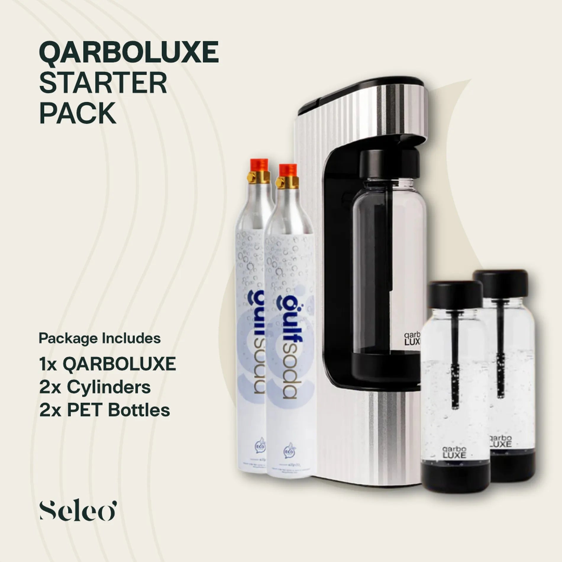 Seleo Qarboluxe Silver home soda maker starter pack - باقة سيلو كاربولكس الفضية المتكاملة لصنع الصودا والمياه الغازية في الكويت - Professional eco-friendly carbonation bundle.