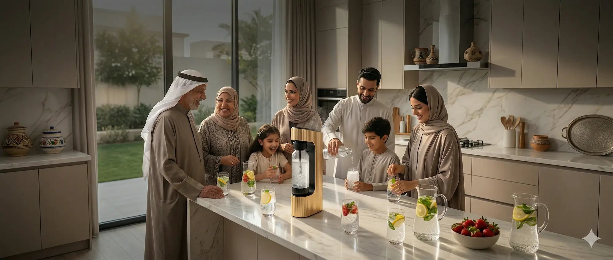 Arab family enjoying fresh sparkling water made with Seleo gold soda maker in a modern luxury kitchen, healthy lifestyle and home carbonation.