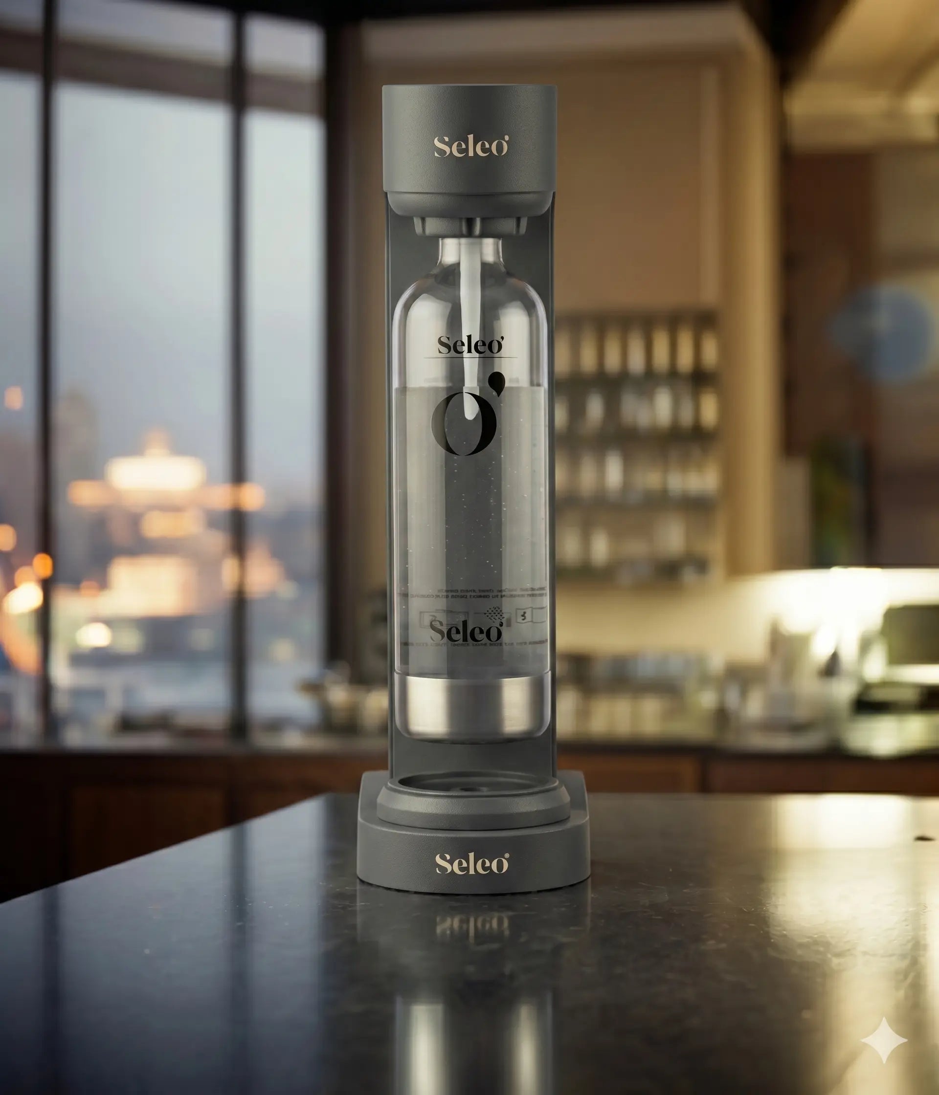 Premium Seleo Lumi home soda maker in Charcoal Grey for luxury kitchens - ماكينة سيلو لومي المنزلية لتحضير المياه الغازية بتصميم عصري فاخر في الكويت - Best sparkling water solution for home.