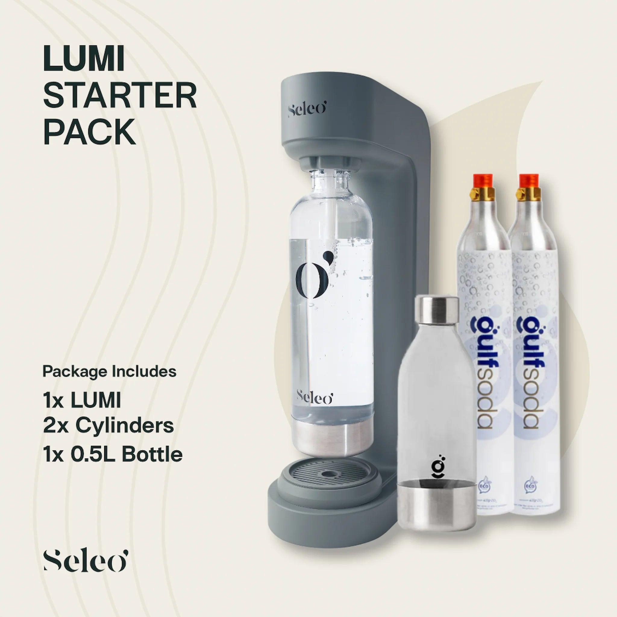 Seleo Lumi Starter Pack in Charcoal Grey, essential home soda maker bundle including 2 CO2 cylinders and a 0.5L PET bottle, best starter value in Kuwait. باقة سيلو لومي الأساسية باللون الرمادي الفاخر: تشمل أسطوانتي غاز وزجاجة سعة 0.5 لتر، الخيار الأمثل والأنسب سعراً للبدء بصنع الصودا في المنزل بالكويت.