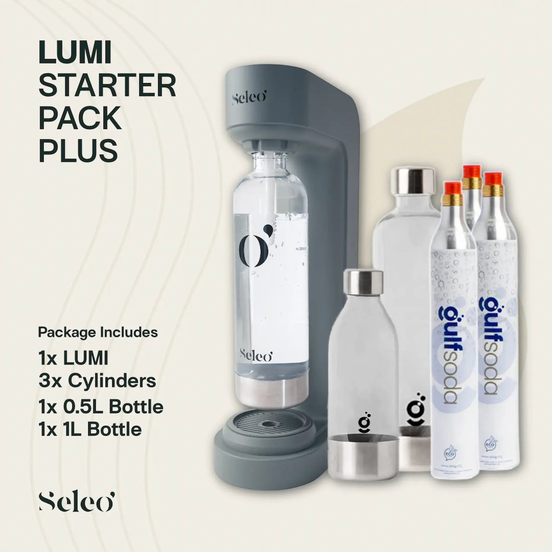 Seleo Lumi Starter Pack Plus in Grey, the ultimate sparkling water bundle with 3 cylinders in Kuwait - باقة سيلو لومي بلس الرمادية المتكاملة، تشمل 3 أسطوانات غاز وعبوات متنوعة، العرض الأقوى لتوفير المياه الفوارة في الكويت - Best value for home soda making.