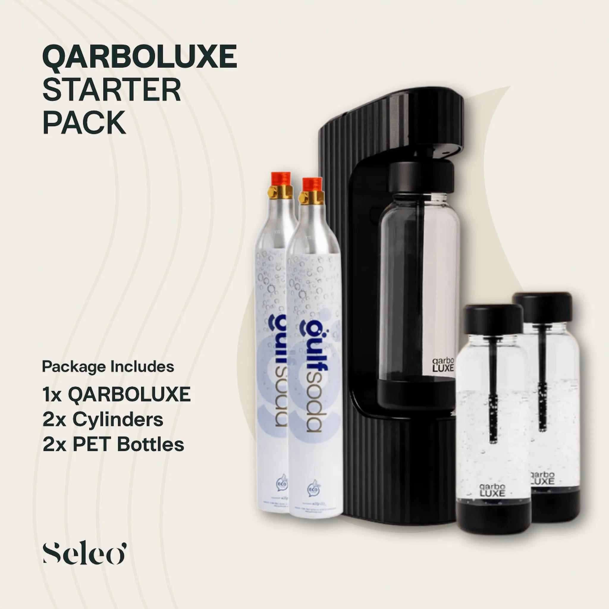 Seleo premium matte black soda maker starter pack bundle, includes 2 CO2 cylinders and 2 PET bottles for maximum home savings in Kuwait, UAE and Saudi Arabia. 
باقة سيلو (Seleo) المتكاملة لصنع الصودا في المنزل (اللون الأسود): جهاز مع أسطوانتي غاز وزجاجتي PET إضافيتين. عرض توفيري مميز لعشاق الصودا في الكويت.