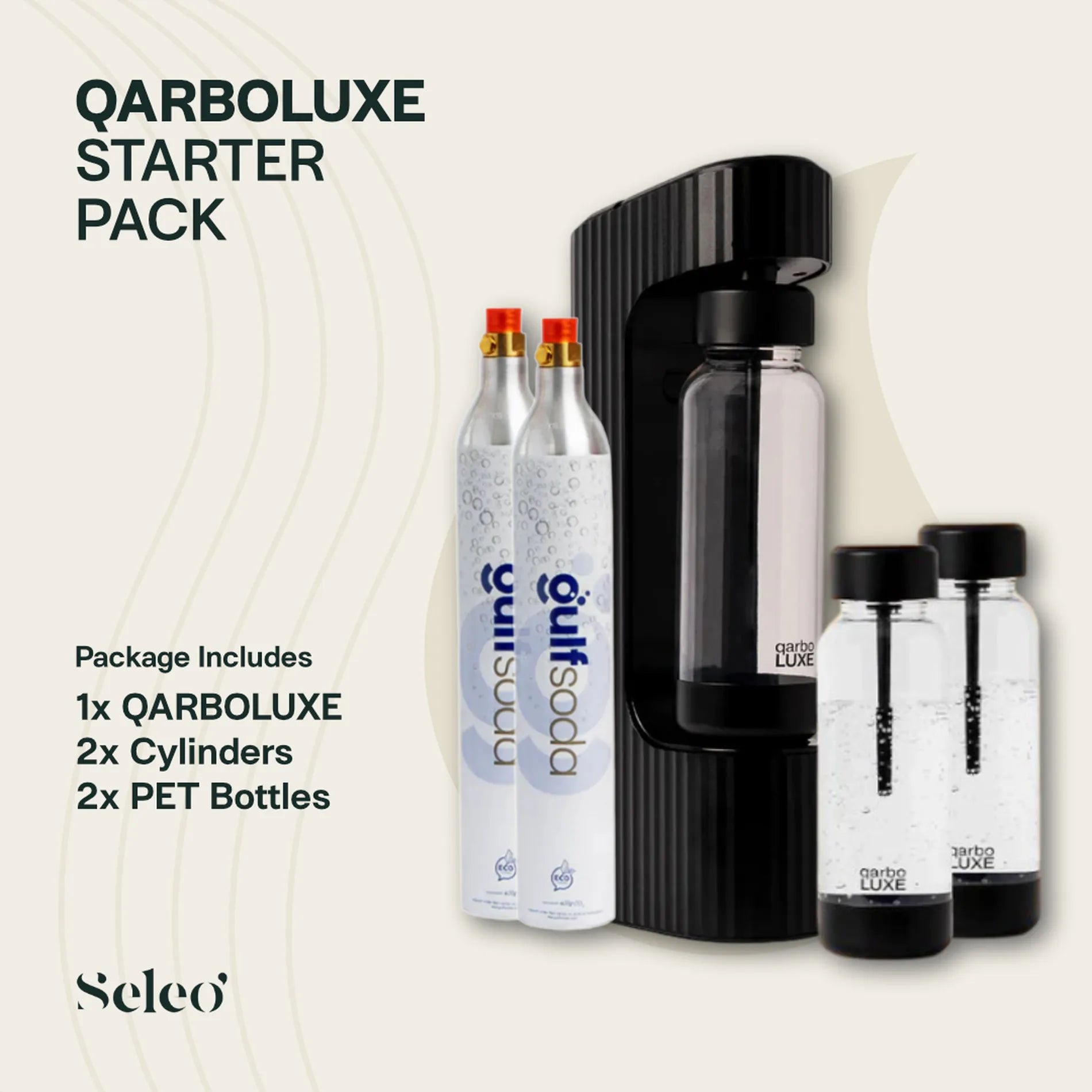 Seleo Qarboluxe Black home soda maker starter pack bundle - باقة سيلو كاربولكس السوداء المتكاملة لصنع الصودا والمياه الغازية في الكويت - Best sustainable sparkling water machine