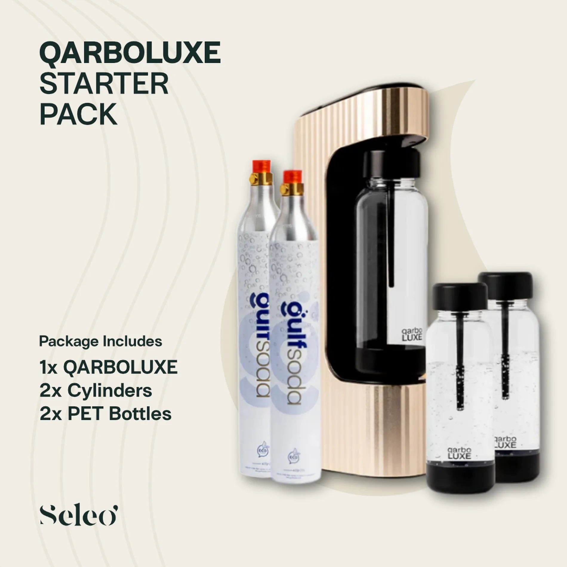 Seleo Qarboluxe Gold soda maker starter pack - باقة سيلو كاربولكس الذهبية المتكاملة لصنع الصودا والمياه الغازية في الكويت - Best value home carbonation bundle