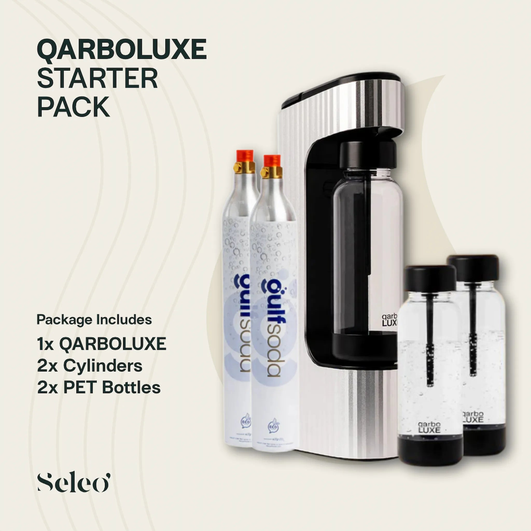 Seleo premium silver soda maker starter pack bundle, includes CO2 cylinders and PET bottles for maximum savings and sustainable home carbonation in Kuwait.
باقة سيلو (Seleo) المتكاملة لصنع الصودا في المنزل: جهاز فضي مع أسطوانات غاز وزجاجات إضافية. عرض توفيري متكامل لعشاق الصودا في الكويت.
